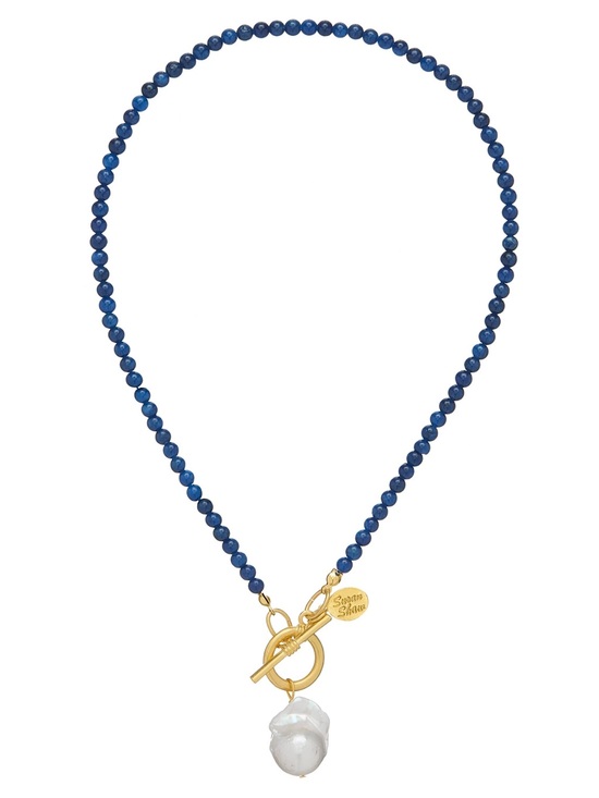 Susan Shaw Jewelry - Blue Beaded Necklace with Gold Toggle and Pearl Pendant
